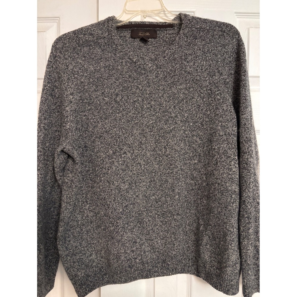 Tasso Elba Mens XL Lambswool Blend V-Neck Sweater Gray Marled Elbow Patches
